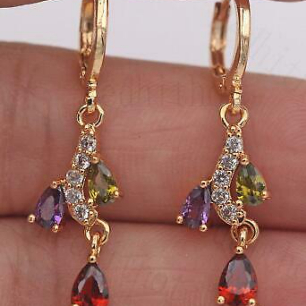 18kt Gold Peridot Topaz Amethyst & Ruby Drop Earri